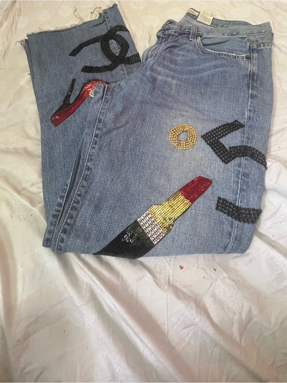 GAP Light Blue Low Rise Boootcur Jeans with Sequin Lipstick & Graphic Appliqués
